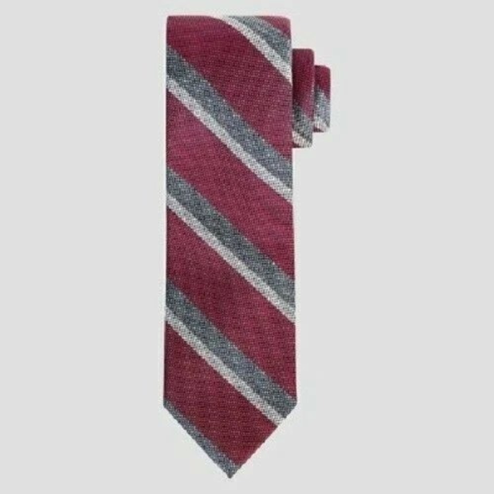 Mens Burgundy Red Grey White Striped Silk Necktie Classic Formal Business Tie‎